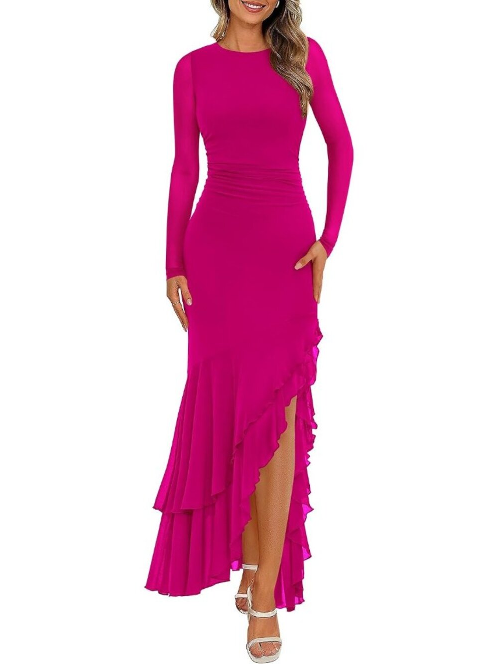 Women's Rose Red Long Sleeve Bodycon Ruched Wedding Guest Maxi Prom Party Dress